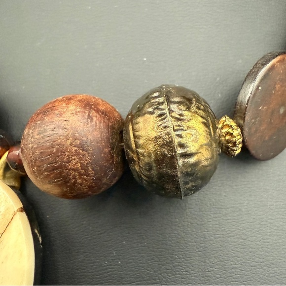 Vintage Handcrafted Carved Camel Bones with Brass Inlayed Wooden Beaded Necklace - Picture 5 of 17